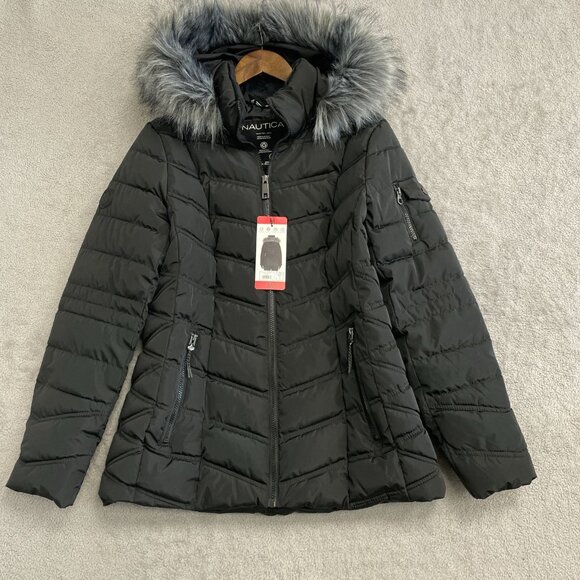 NEW Nautica Women's Size M Black Puffer Jacket W/ Detachable Faux Fur Hood - Picture 2 of 13